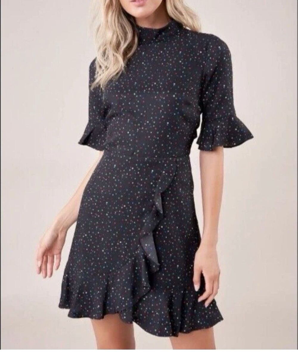 Sugar Lips Reece Star Dress M Black Open Back Mock Neck Ruffle Mini Flounce